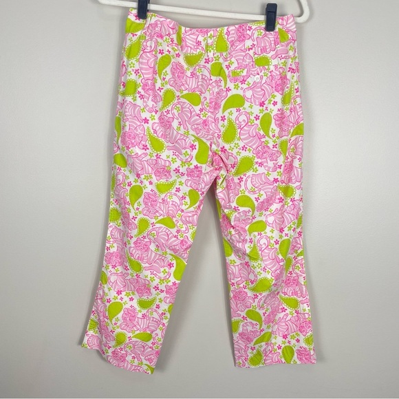 Lilly Pulitzer Pants Womens 6 Pink Green Tiger Caly Capri Tigers Play Cards - Picture 2 of 8